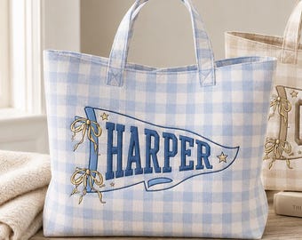 Borsa tote a quadretti ricamata personalizzata, borsa con nome e bandierina personalizzati, borsa per insegnanti, regalo per il ritorno a scuola, spirito scolastico, regalo per lei
