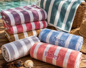 Telo da spiaggia personalizzato con ricamo a righe, telo mare personalizzato con nome, telo piscina in morbido pile, set regalo per addio al nubilato, regalo per lei