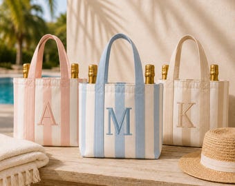 Borsa portabottiglie personalizzata con iniziale, portabottiglie per due bottiglie, borsa per champagne in tela a righe, regalo per damigella d'onore, regalo per padrona di casa, regalo per amante del vino