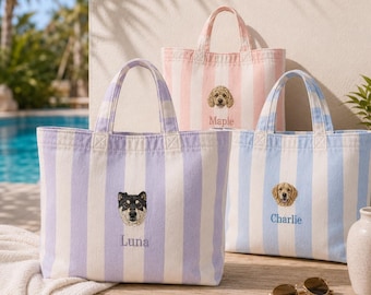 Borsa da spiaggia a righe personalizzata con ritratto del tuo animale domestico, nome personalizzato, borsa da piscina in tela di grandi dimensioni, regalo per la mamma di un cane, borsa da spiaggia per damigella d'onore, regalo per lei amante degli animali