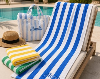 Telo mare personalizzato, telo a righe Cabana con nome personalizzato, telo piscina ricamato, regalo per vacanze in famiglia, attrezzatura da spiaggia per bambini e adulti