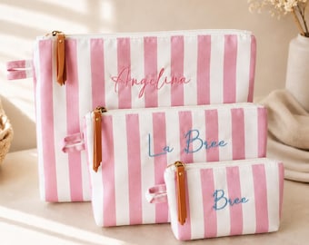 Pochette per il trucco a righe personalizzata, pochette con nome ricamato personalizzato, borsa cosmetica da viaggio, regalo per damigella d'onore, borsa organizer con monogramma, regalo per lei