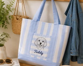 Borsa tote personalizzata per cani, borsa tote in tela con ritratto personalizzato del tuo animale domestico, borsa da spiaggia ricamata per cani, regalo personalizzato con nome per amanti di cani e gatti