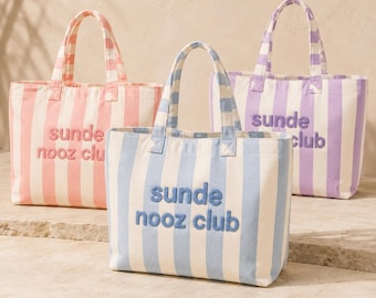 Borsa tote in ciniglia personalizzata, borsa da spiaggia in tela a righe, borsa tote con nome personalizzato, regalo per viaggio tra amiche, borsa tote per damigella d'onore, regalo di vacanza per lei