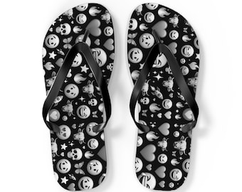 Black and White Emoji Pattern Flip Flops | Smiley Face, Hearts, Stars, Greenland Cow