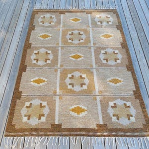 Alfombra Kilim geométrica vintage - Alfombra Dhurrie de lana hecha a mano - Alfombra de área en tonos beige neutro y amarillo mostaza para sala de estar, alfombra de tejido plano estilo boho chic