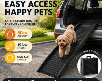 Rampa dobrável e portátil para cães, ideal para carros, SUVs e utilitários. Antiderrapante e leve, perfeita para cães de pequeno, grande e idosos.