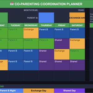 May include: A co-parenting coordination planner with a dark blue background. The calendar grid is color-coded for Parent A (green), Parent B (blue), Exchange Day (orange), and Shared Day (purple). The top banner reads "Co-Parenting Coordination Planner".