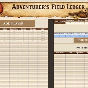 Suivi automatisé des fonds et du butin du Parti du MDN| Grand livre de l'aventurier | Modèle de feuille de calcul RPG