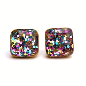 Rainbow Glitter Square Stud Earrings, titanium hypoallergenic posts gift for her Gift for her