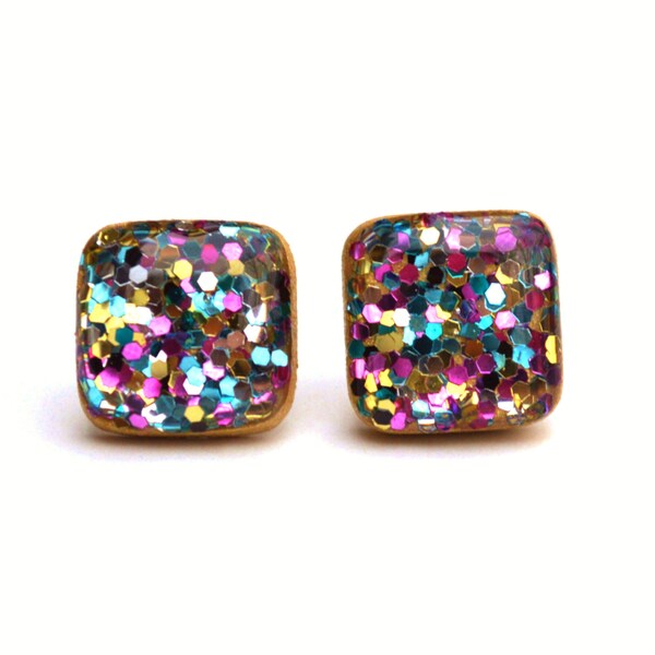 Rainbow Glitter Square Stud Earrings, titanium hypoallergenic posts gift for her Gift for her