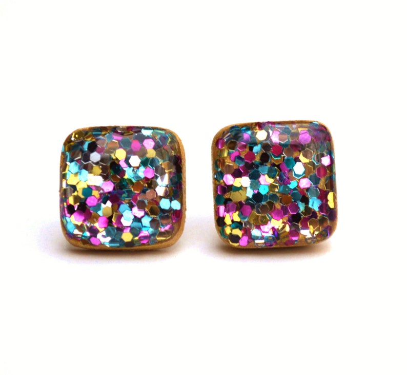 Rainbow Glitter Square Stud Earrings, titanium hypoallergenic posts gift for her Gift for her 