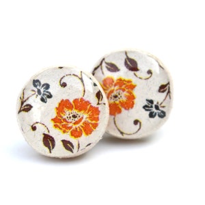 orange and navy floral stud earrings, gift flower studs, flower post earrings, eco friendly jewelry, hypoallergenic wood earrings