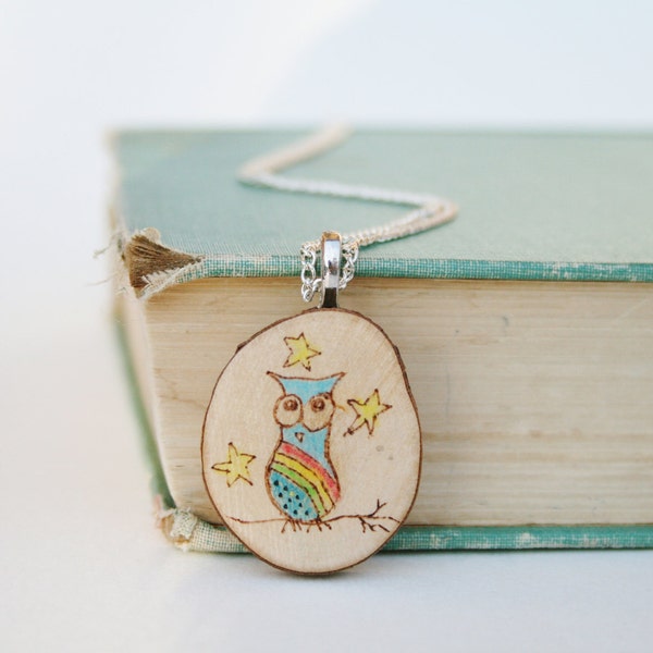 Owl necklace watercolor / water color necklace / wood necklace / rainbow necklace, Customized gifts