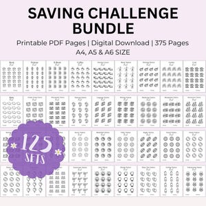 Peut inclure: Un ensemble de pages PDF imprimables pour un défi d'épargne. L'image présente 125 ensembles de divers défis d'épargne, notamment des fonds pour les livres, le café et les voyages. Le texte sur l'image dit "SAVING CHALLENGE BUNDLE".