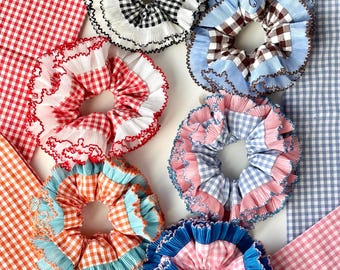 Oversized Ruffle Gingham Scrunchie – Layered Patchwork Hair Tie, Cottagecore Accessory