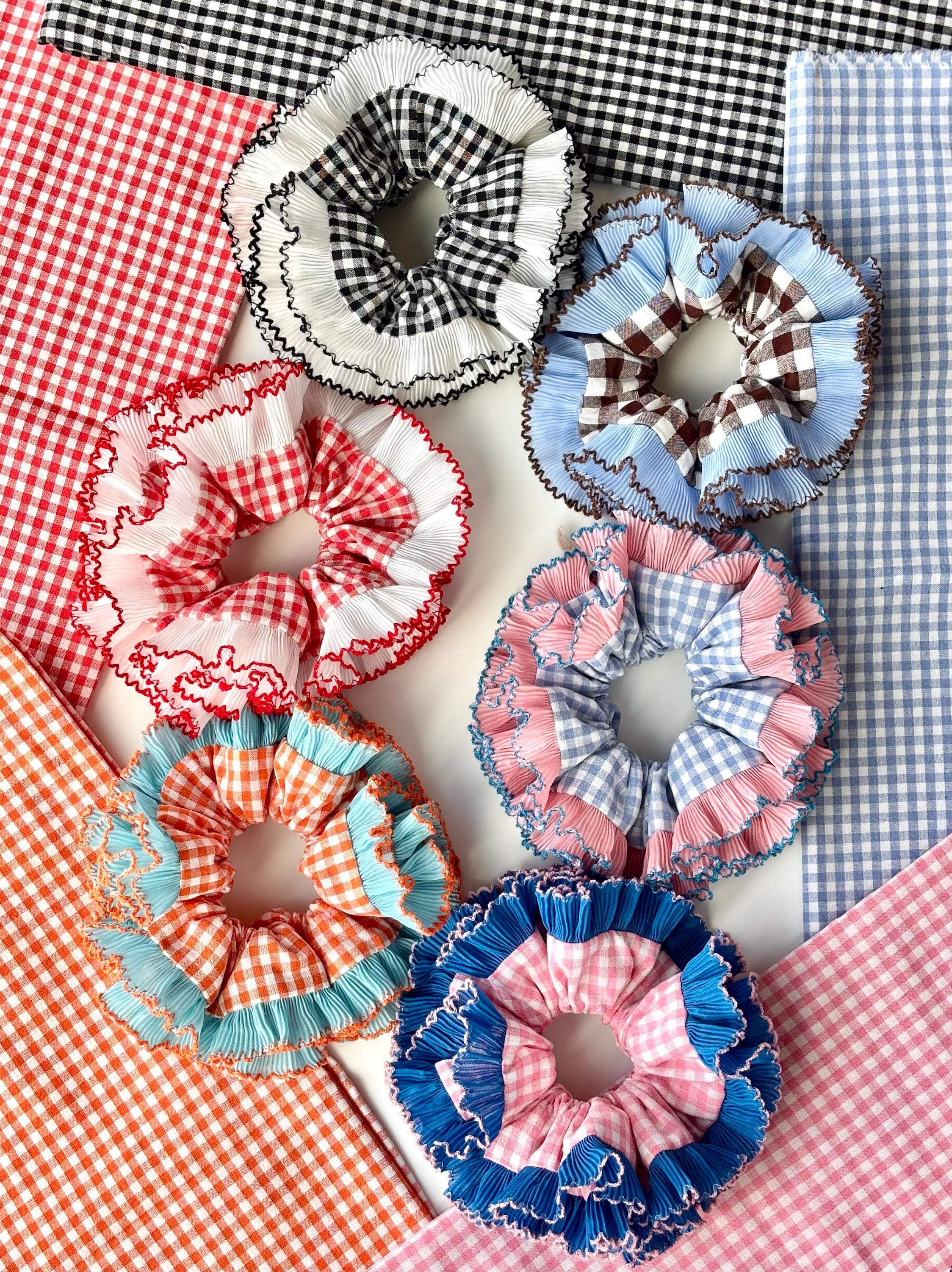 Patch Work Accessory Oversized Ruffle Gingham Scrunchie – Layered Patchwork Hair Tie ...