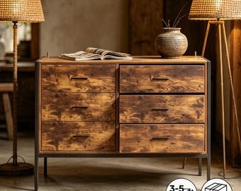 Industrial Rustic 6 Drawer Dresser, Wood & Steel Frame Storage Chest for Bedroom Clothes Organizer