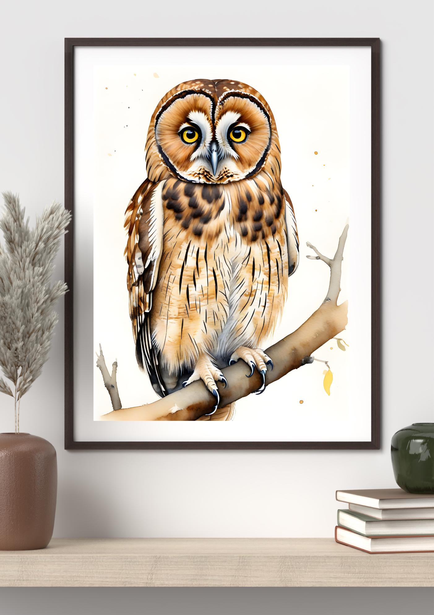 Tawny Owl Watercolor Print | Woodland Bird Wall Art (Digital Download)