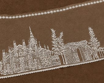 Castle Embroidered Lace Trim, Gothic Architectural Tulle Fabric, Fairytale Sewing Decor