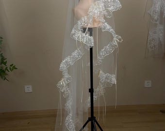 French Boho Lace Veil, Romantic Bridal Headpiece, Ribbon Tie Wedding Veil