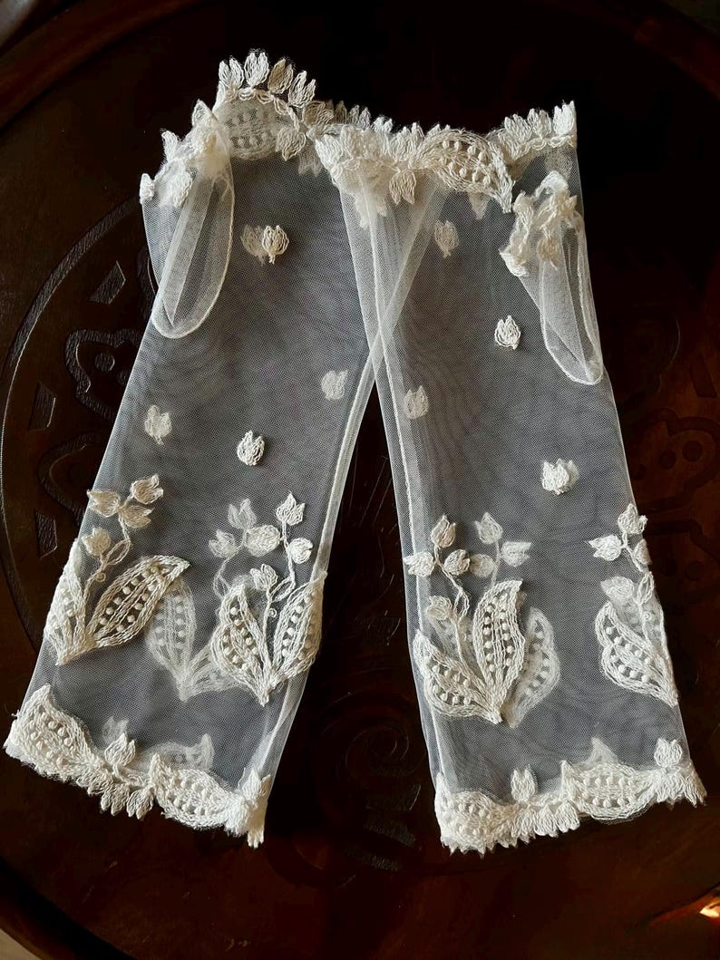 May include: A pair of sheer white tulle gloves featuring intricate ivory floral embroidery and scalloped lace trim along the top and bottom edges. The delicate fabric is adorned with scattered embroidered flower motifs throughout the length.