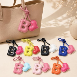 Sheepskin Leather Initial B Bag Charm with Heart, Personalised Letter Keychain, Colourful Handbag Accessory