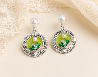 Vintage Green Enamel Floral Pearl Drop Earrings, Art Nouveau Style