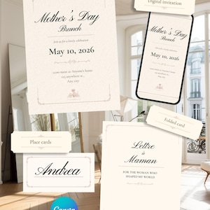 Puede incluir: Una colección de invitaciones y tarjetas de mesa para el brunch del Día de la Madre. Las invitaciones presentan una escritura elegante y bordes decorativos. Una invitación está en un teléfono inteligente. La tarjeta de mesa dice "Andrea". La tarjeta plegada dice "Lettre à Maman".