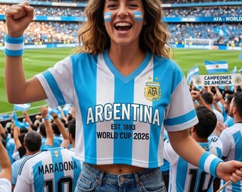 Camiseta corta de fútbol argentina personalizada / Camiseta de fútbol femenina personalizada / Ropa con paneles de malla y rayas azul cielo estilo Blokecore para el Mundial 2026