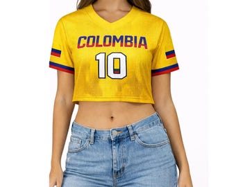 Camiseta corta de fútbol de Colombia con nombre y número personalizados para mujer, de malla, para aficionadas al fútbol.