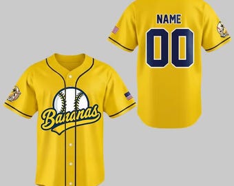 Camiseta de béisbol personalizada del equipo Bananas, camiseta Let's Go Bananas, camiseta divertida de Bananas, nombre y número del equipo personalizados, regalo para el fan de Savannah