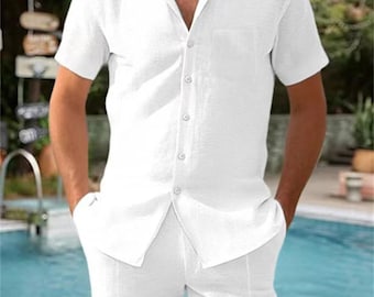 Conjunto de camisa hawaiana personalizada, atuendo playero personalizado, imprime tu propio diseño de camisa y pantalones cortos, conjunto personalizado para vacaciones de verano, conjunto familiar a juego
