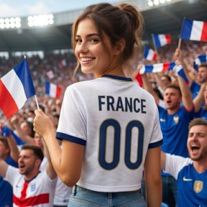 Op de afbeelding: Een vrouw draagt een wit mesh shirt met "FRANCE" en het nummer "00" in marineblauw, met een Franse vlag. De achtergrond toont een stadion vol juichende fans, velen zwaaien met Franse vlaggen.