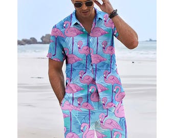 Conjunto de camisa y pantalón corto hawaiano Flame Bird para hombre, atuendo de playa de verano para hombre, conjunto casual tropical de dos piezas, atuendo de vacaciones, regalo para él