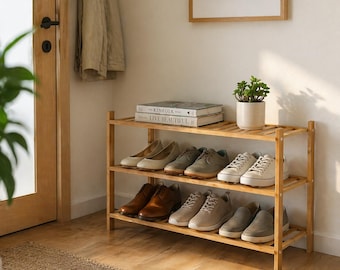 3-Tier Bamboo Shoe Rack Organizer | Natural Wood Entryway Storage Shelf | Free Standing Boot Organizer | Heavy Duty Wooden Display Stand