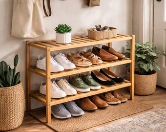 3 Tier Bamboo Shoe Rack Organizer | Entryway Storage Shelf | Shoe Display Stand | Minimalist Shoe Storage Bench | Entryway Organizer