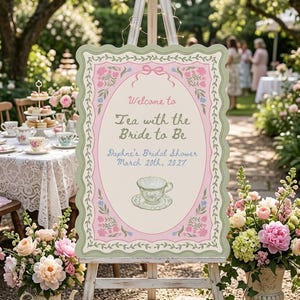 Modello Canva modificabile per cartello di benvenuto, invito e menù per tea party / Addio al nubilato, baby shower, festa in giardino / Invito elettronico personalizzato