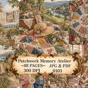 Puede incluir: Una colección digital titulada Patchwork Memory Atelier que contiene 88 páginas en formatos JPG y PDF a 300 DPI. Las imágenes muestran escenas pastorales con colchas de patchwork, sombreros de paja, cestas de mimbre y motivos florales.
