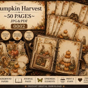 Könnte beinhalten: Eine digitale Sammlung mit dem Titel Pumpkin Harvest, die 50 Seiten in den Formaten JPG und PDF enthält. Das Set zeigt Illustrationen im Vintage-Stil von Kürbissen, Eulen, Hasen und Eichhörnchen inmitten von Herbstblättern sowie Hintergrundpapiere.