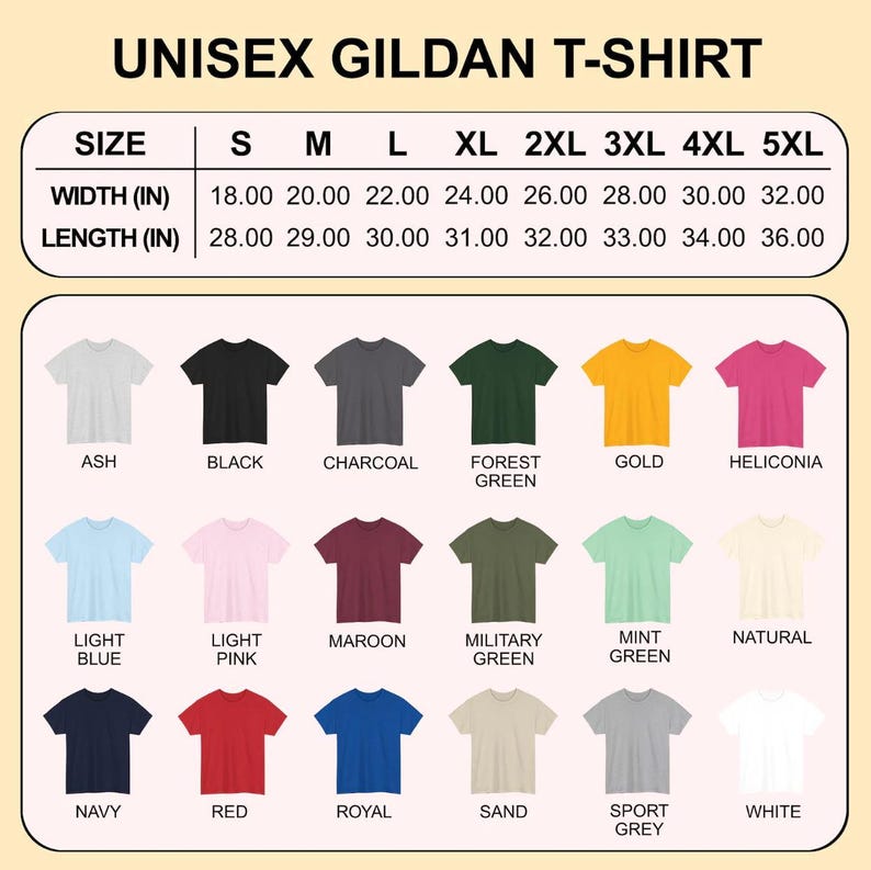 May include: A size chart for a Gildan t-shirt displaying width and length measurements in inches for sizes S through 5XL, alongside a color palette of eighteen t-shirt options including ash, black, charcoal, forest green, gold, and white.
