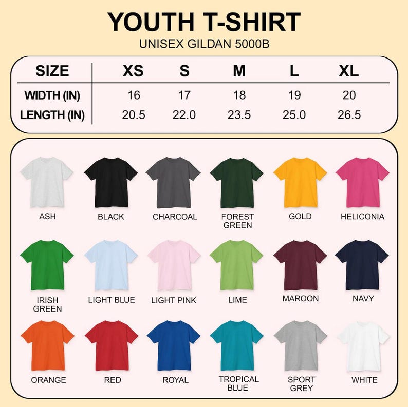 May include: A youth Gildan 5000B t-shirt color chart displaying 18 solid color options including ash, black, charcoal, forest green, gold, heliconia, irish green, light blue, light pink, lime, maroon, navy, orange, red, royal, tropical blue, sport grey, and white.
