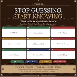 Può includere: Grafica marrone con il testo "STOP GUESSING. START KNOWING." e "The Credit Analysis Ratio Bundle". Include 9 cheat sheet per professionisti della finanza e del credito, con titoli come "Quick Ratio" e "Debt-to-Equity".