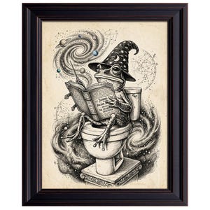 Wizard Frog Reading Spellbook Print | Whimsical Celestial Bathroom Wall Decor