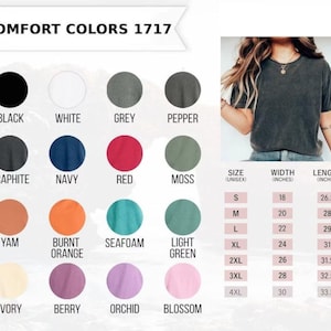 K&ouml;nnte beinhalten: Comfort Colors 1717 T-Shirt-Farbkarte mit zwanzig kreisf&ouml;rmigen Farbmustern in Schwarz, Wei&szlig;, Grau, Pfeffer, Graphit, Marine, Rot, Moos, Yam, gebranntem Orange, Meerschaum, Hellgr&uuml;n, Elfenbein, Beere, Orchidee und Bl&uuml;te sowie einer Gr&ouml;&szlig;entabelle.
