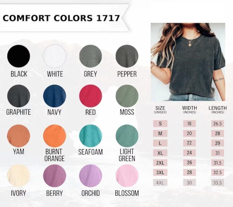 K&ouml;nnte beinhalten: Comfort Colors 1717 T-Shirt-Farbkarte mit zwanzig kreisf&ouml;rmigen Farbmustern in Schwarz, Wei&szlig;, Grau, Pfeffer, Graphit, Marine, Rot, Moos, Yam, gebranntem Orange, Meerschaum, Hellgr&uuml;n, Elfenbein, Beere, Orchidee und Bl&uuml;te sowie einer Gr&ouml;&szlig;entabelle.