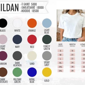 K&ouml;nnte beinhalten: Eine Gildan-Farbkarte f&uuml;r T-Shirt 5000, Sweatshirt 18000 und Hoodie 18500. Sie zeigt sechzehn kreisf&ouml;rmige Farbmuster, darunter Schwarz, Wei&szlig;, Orange, Hellblau, Hellrosa, Marine, Rot, Waldgr&uuml;n, Kastanienbraun, Dunkelgrau, Sand, Sportgrau, Dunkelschokolade, Milit&auml;rgr&uuml;n, K&ouml;nigsblau und Gold, sowie eine Gr&ouml;&szlig;entabelle mit Breite und L&auml;nge in Zoll.