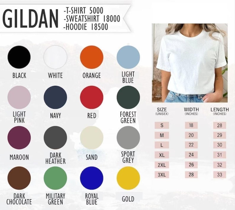 K&ouml;nnte beinhalten: Eine Gildan-Farbkarte f&uuml;r T-Shirt 5000, Sweatshirt 18000 und Hoodie 18500. Sie zeigt sechzehn kreisf&ouml;rmige Farbmuster, darunter Schwarz, Wei&szlig;, Orange, Hellblau, Hellrosa, Marine, Rot, Waldgr&uuml;n, Kastanienbraun, Dunkelgrau, Sand, Sportgrau, Dunkelschokolade, Milit&auml;rgr&uuml;n, K&ouml;nigsblau und Gold, sowie eine Gr&ouml;&szlig;entabelle mit Breite und L&auml;nge in Zoll.