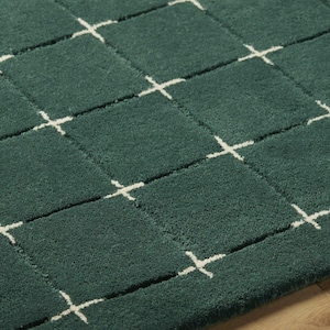 Puede incluir: Una alfombra de color verde bosque profundo con un patrón de cuadrícula de finas líneas blancas que se cruzan. La alfombra tiene una textura densa y copetuda con secciones cuadradas definidas por las líneas blancas de estilo punto de cruz.