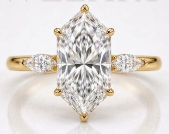 Anillo de compromiso holandés con diamante talla marquesa y diamantes laterales talla marquesa en oro amarillo macizo, anillo de promesa minimalista de tres piedras, regalo para ella.